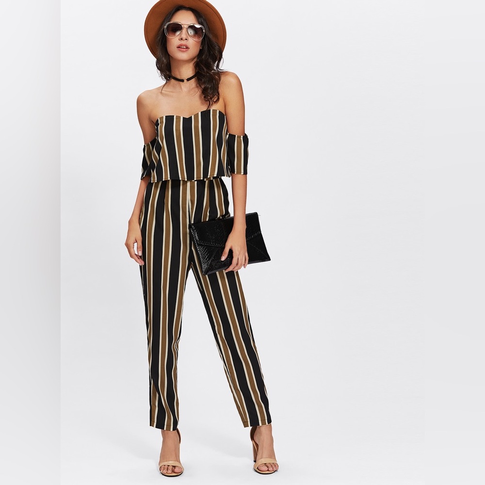 Lulumari Black and Tan Striped Off-Shoulder Jumpsuit